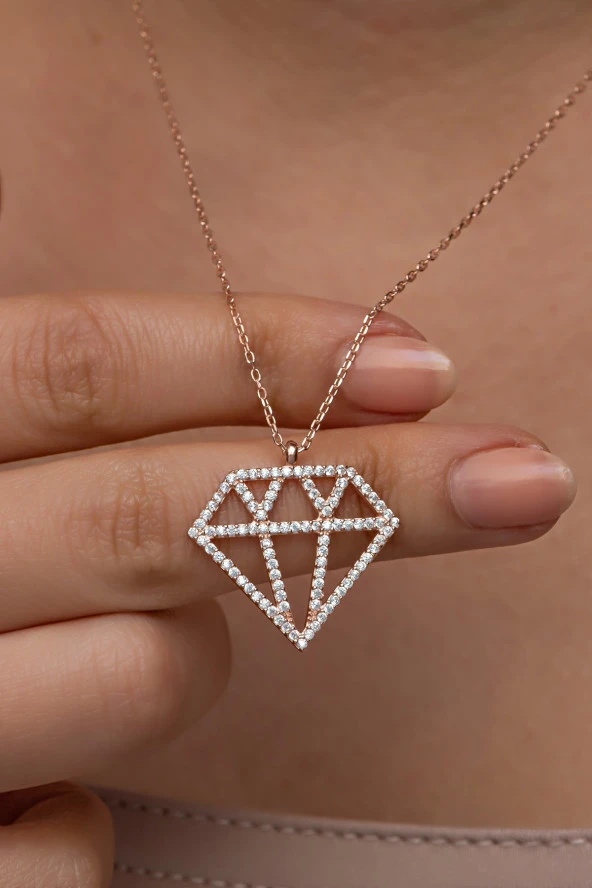 925 Ayar Gümüş Rose Kaplama Elmas Model Kolye - Resim 2