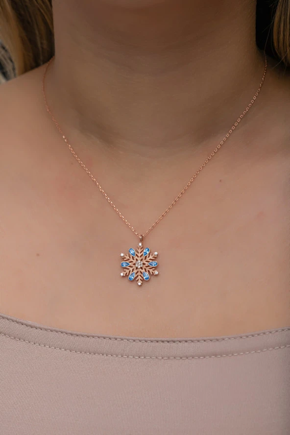 925 Ayar Gümüş Rose Kaplama Aquamarin Taşlı Kartanesi Kolye ürün görseli