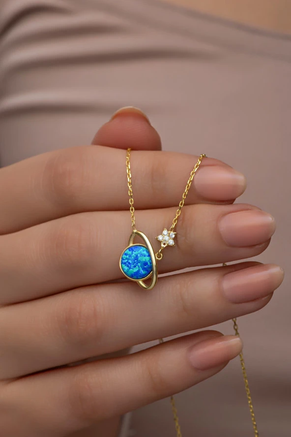 925 Ayar Gümüş Gold Kaplama Mavi Opal Taşlı Gezegen Kolye ürün görseli