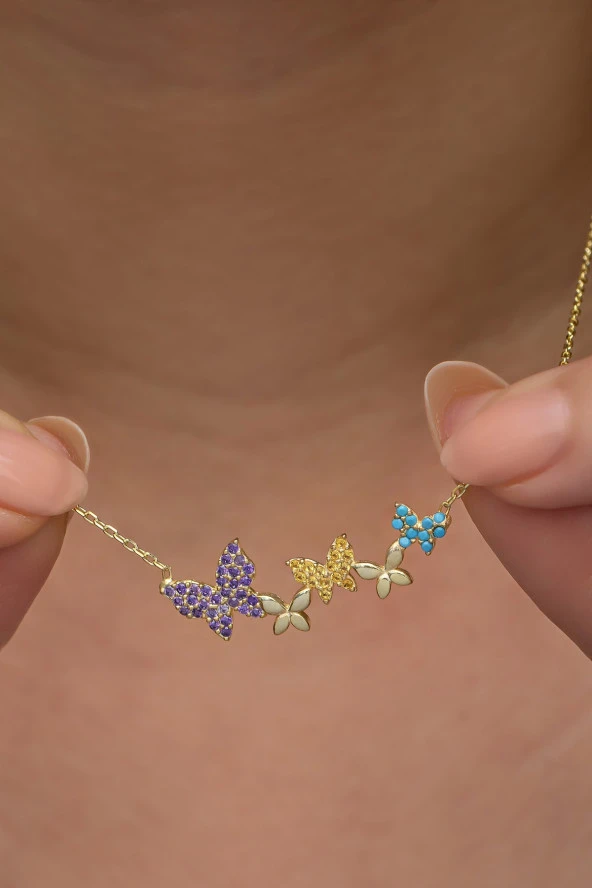 925 Ayar Gümüş Gold Kaplama Sıralı Uçuşan Kelebekler Kolye - Resim 2