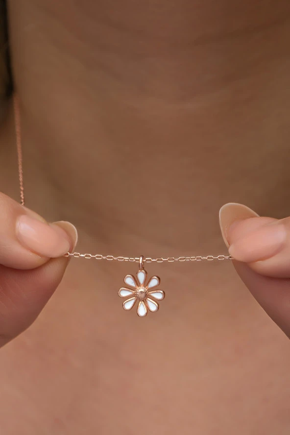 925 Ayar Gümüş Rose Kaplama Minimal Mineli Papatya Kolye - Resim 2