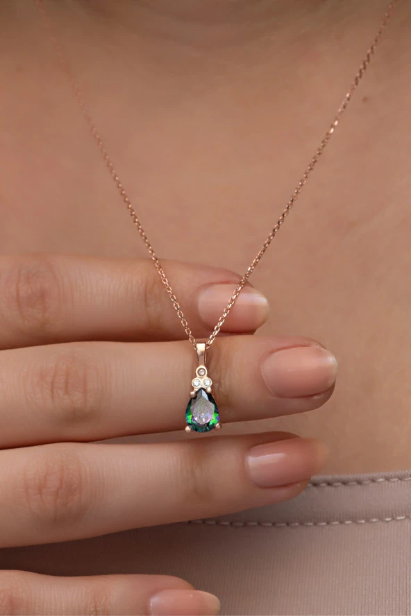 925 Ayar Gümüş Rose Kaplama Mistik Topaz Taşlı Damla Model  Kolye ürün görseli