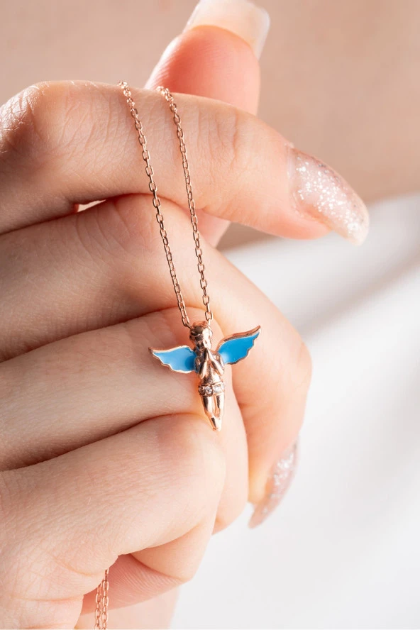 925 Ayar Gümüş Turkuaz Mineli Kanatlı Peri Kolye ürün görseli