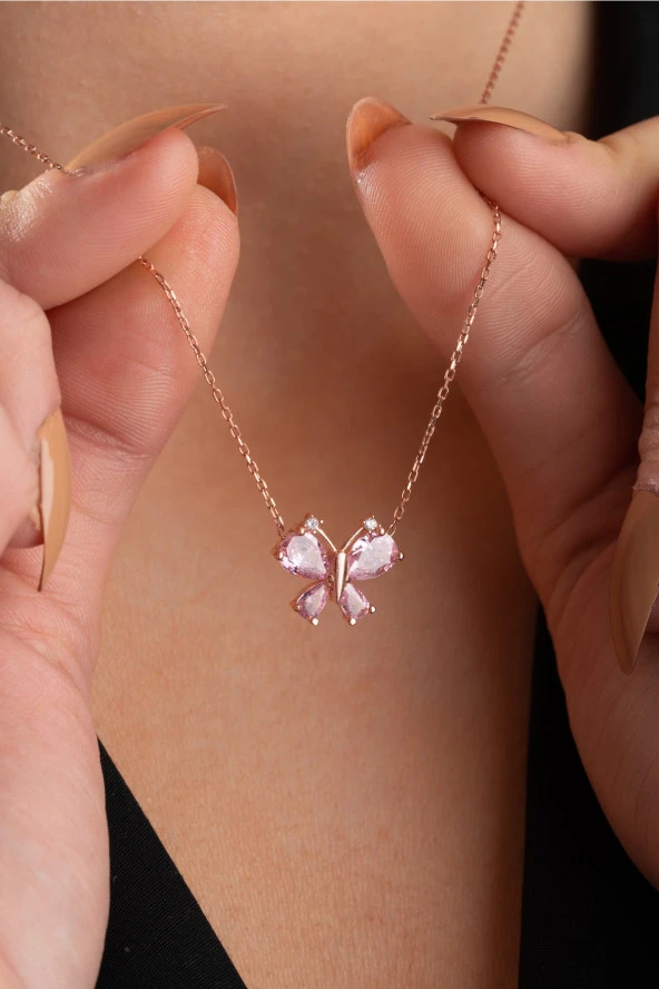 925 Ayar Gümüş Pembe Zirkon Taşlı Yusufcuk Kolye ürün görseli