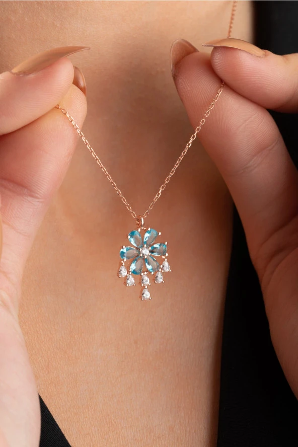 925 Ayar Gümüş Sallantılı  Model Aquamarin Taşlı Çiçek Kolye ürün görseli