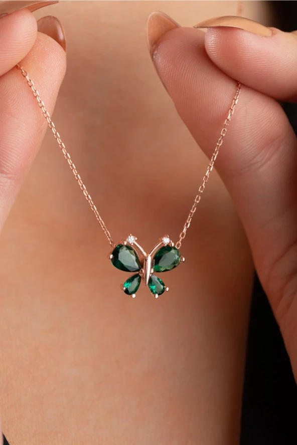 925 Ayar Gümüş Yeşil Zirkon Taşlı Yusufcuk Kolye - Resim 2