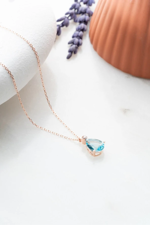 925 Ayar Gümüş Rose Aquamarin Damla Tektaş Kolye ürün görseli