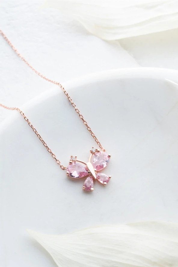 925 Ayar Gümüş Pembe Zirkon Taşlı Yusufcuk Kolye - Resim 2