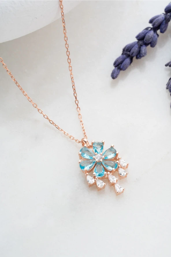 925 Ayar Gümüş Sallantılı  Model Aquamarin Taşlı Çiçek Kolye - Resim 2