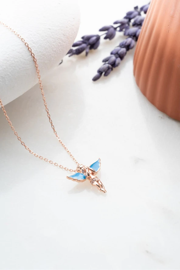 925 Ayar Gümüş Turkuaz Mineli Kanatlı Peri Kolye - Resim 3