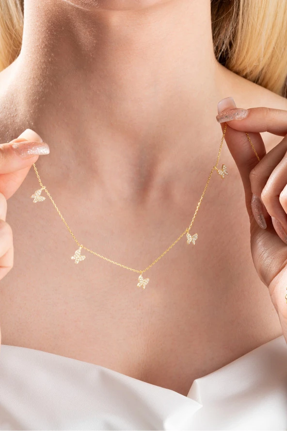 925 Ayar Gümüş Gold Zirkon Taşlı Şans Kelebek  Kolye ürün görseli