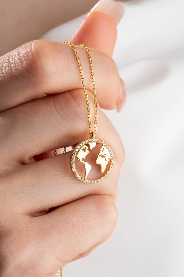 925 Ayar Gümüş Gold Dünya Haritası Tasarım Kolye ürün görseli