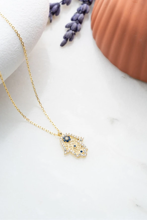 925 Ayar Gümüş Gold Minimal Fatma Ana Eli Kolye ürün görseli