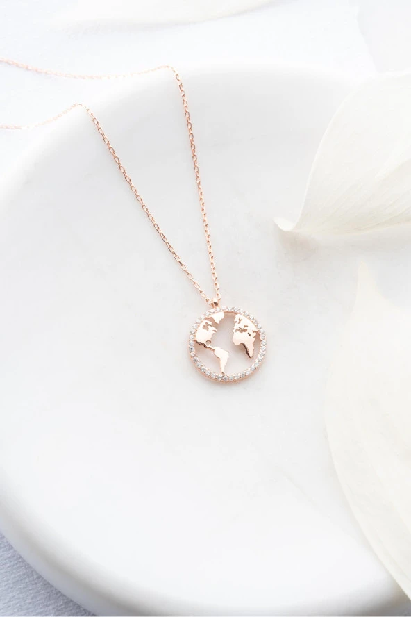 925 Ayar Gümüş Rose Dünya Haritası Tasarım Kolye ürün görseli