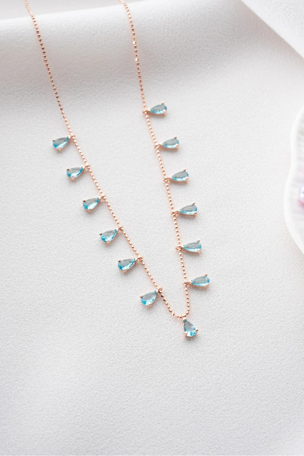 925 Ayar Gümüş Rose Sıralı Damla Aquamarin Taşlı Kolye - Resim 2