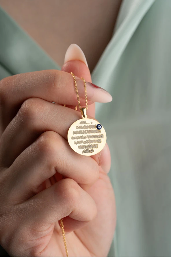 925 Ayar Gümüş Gold Kaplama Plaka Ayetel Kürsi Kolye - 1