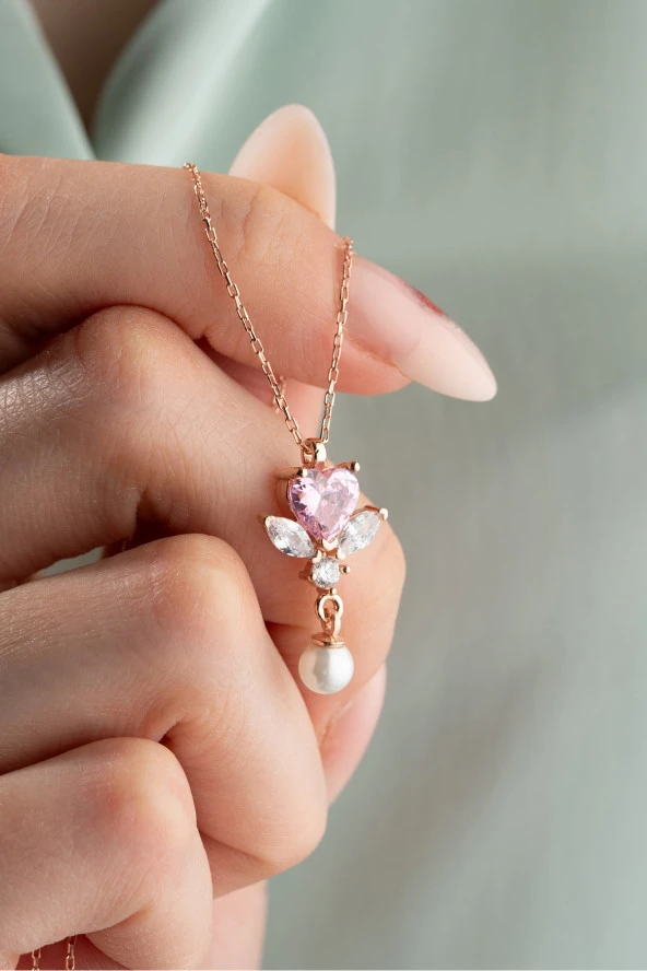 925 Ayar Gümüş Pembe Taşlı İnci Detay Kalp Kolye - 1