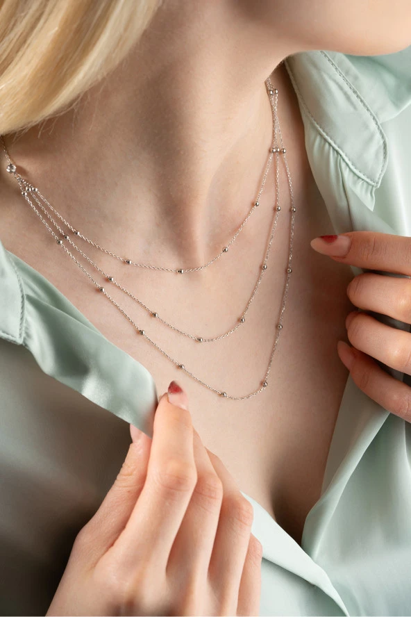 925 Ayar Gümüş Rodyum Kaplama 3 Sıra Minik Dorika Toplu Kolye ürün görseli