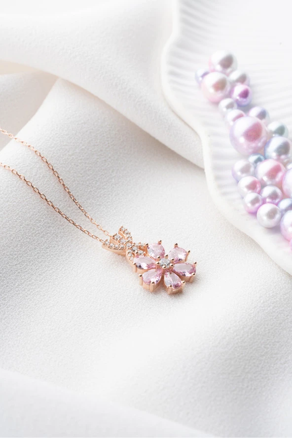 925 Ayar Gümüş Pembe zirkon Taşlı 6 Yapraklı Çiçek Kolye - Resim 2