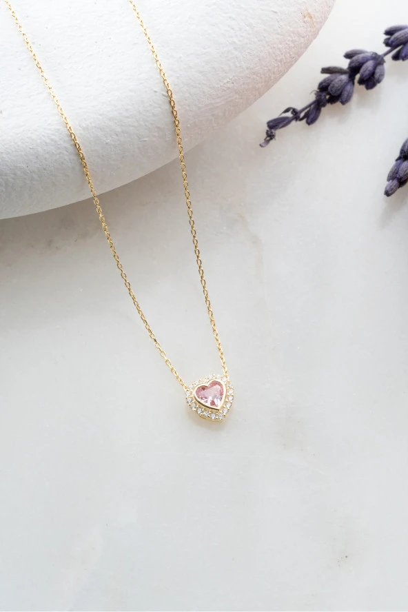 925 Ayar Gümüş Gold Kaplama Pembe Taşlı Kalp Kolye ürün görseli