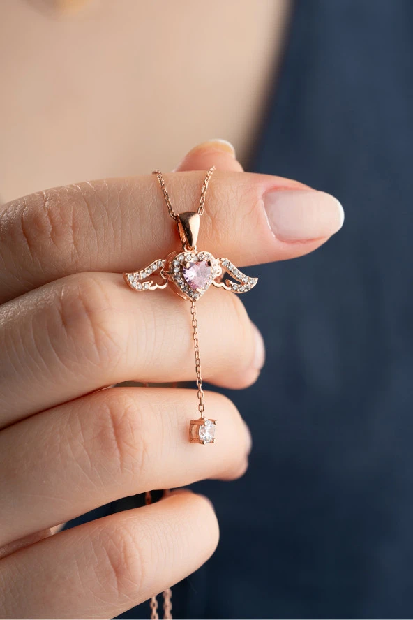 925 Ayar Gümüş Rose Kaplama Hareketli Pembe Taşlı Kanatlı Kalp Kolye ürün görseli