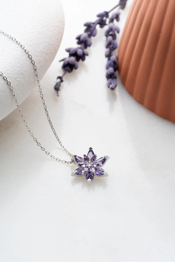 925 Ayar Gümüş Rodyumlu Mor Taşlı Lotus Çiçeği Kolye ürün görseli