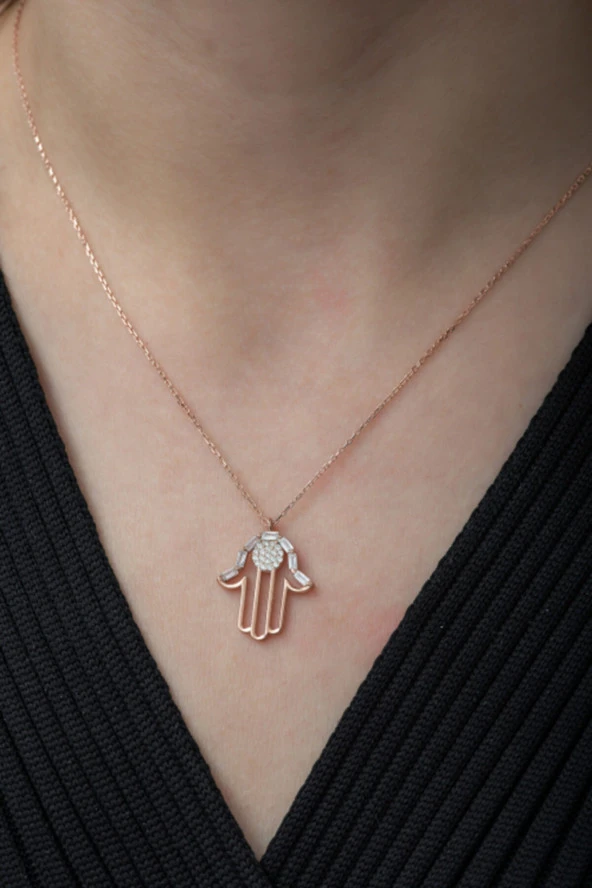 925 Ayar Baget Taşlı Fatma Ana Eli Kolye ürün görseli