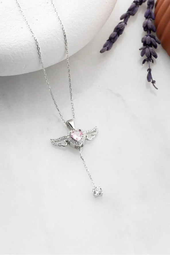 925 Ayar Gümüş Rodyumlu Hareketli Pembe Taşlı Kanatlı Kalp Kolye ürün görseli