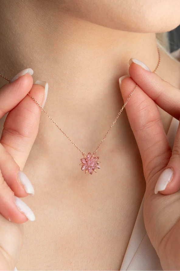 925 Ayar Gümüş Pembe Taşlı Lotus Çiçeği Kolye - Resim 2