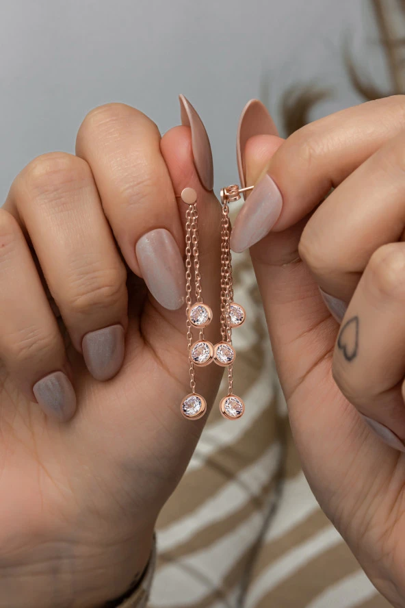 925 Ayar Gümüş Rose Kaplama Sallantılı 3'Lü Zirkon Taşlı Küpe ürün görseli