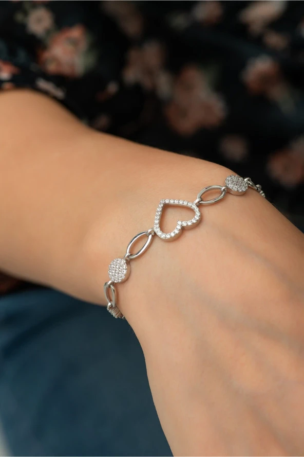 925 Ayar Gümüş Asansörlü Kalp Kadın Gümüş Bileklik - Resim 2