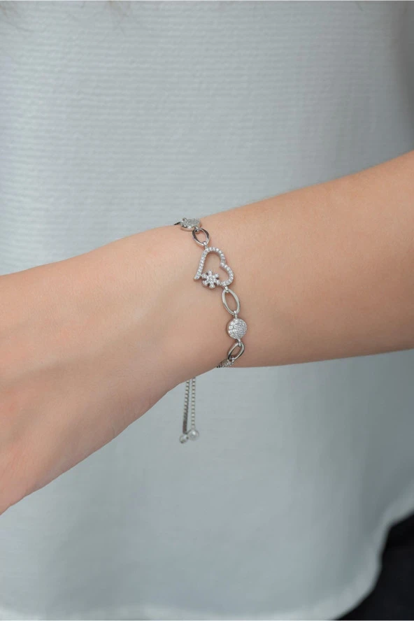 925 Ayar Asansörlü Kalp Kartanesi Kadın Gümüş Bileklik ürün görseli