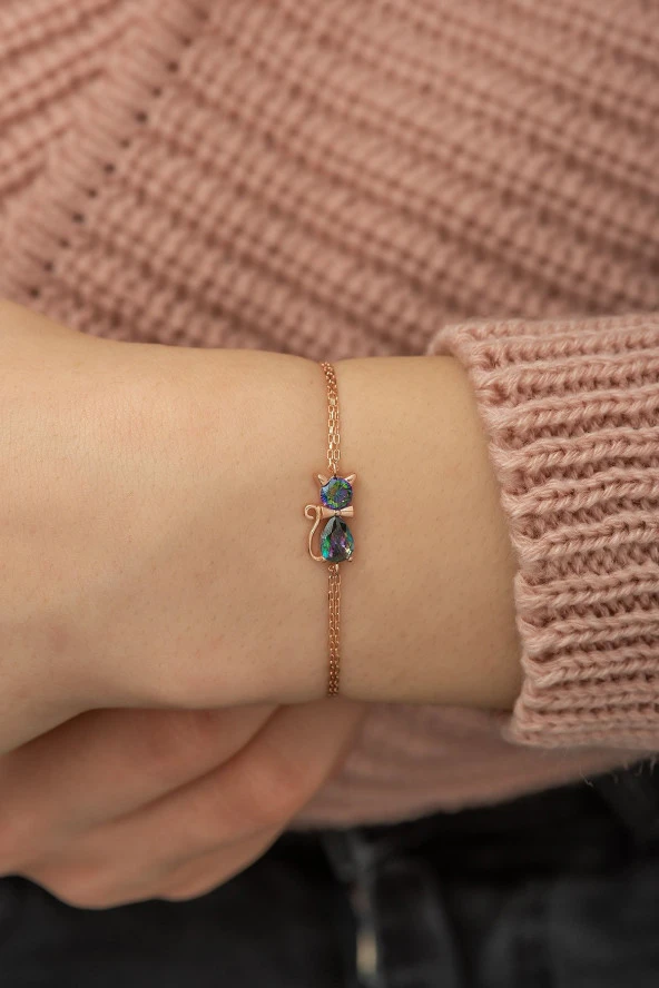 925 Ayar Mistik Topaz Taşlı Kedi Kadın Gümüş Bileklik ürün görseli