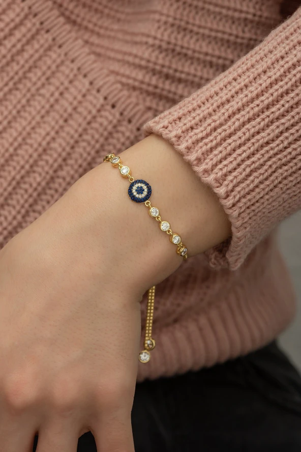 925 Ayar Asansörlü Gold Nazar Kadın Gümüş Bileklik ürün görseli