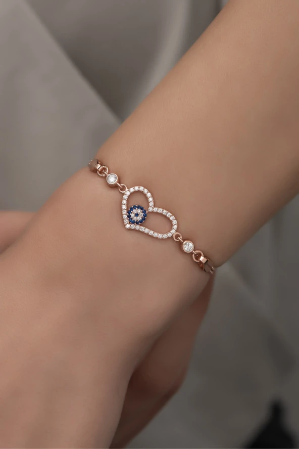 925 Ayar Gümüş Rose Zirkon Taşlı Nazar Kalp Bileklik