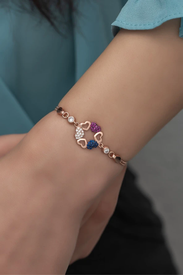 925 Ayar Gümüş Rose Renkli Kalpli Daire Model Bileklik ürün görseli