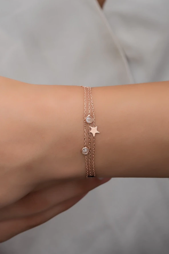 925 Ayar Gümüş 3 Sıra Zirkon Taşlı Yıldız Bileklik ürün görseli