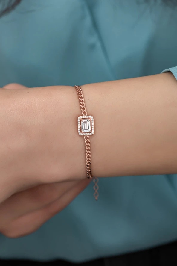 925 Ayar Gümüş Rose Gurmet Zincir Beyaz Tektaş Bileklik ürün görseli