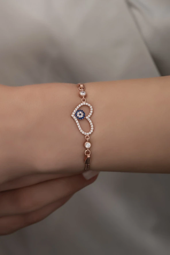 925 Ayar Gümüş Rose Zirkon Taşlı Nazar Kalp Bileklik - Resim 2