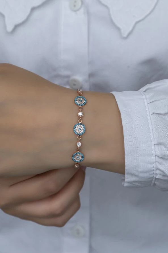 925 Ayar Gümüş Turkuaz Taşlı 3'Lü Nazar Bileklik ürün görseli