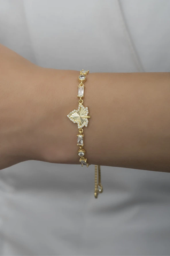 925 Ayar Gümüş Asansörlü Baget Taşlı Gold Çınar Yaprağı Bileklik ürün görseli