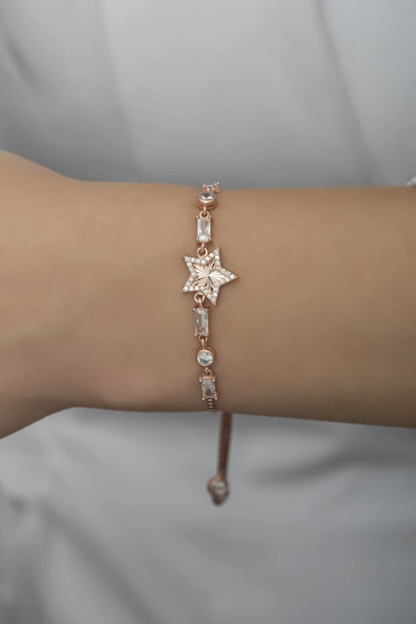 925 Ayar Gümüş Asansörlü Baget Taşlı Rose Yıldız Bileklik ürün görseli