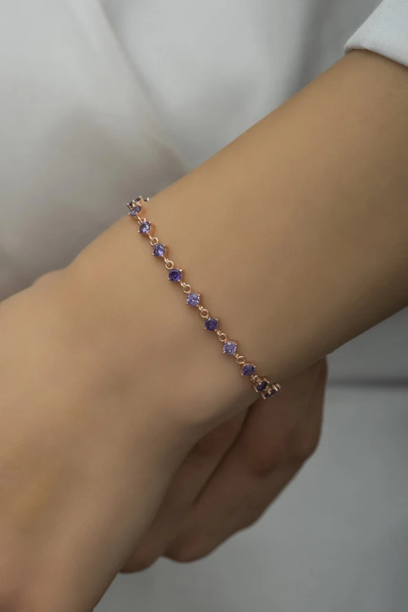 925 Ayar Gümüş Rose Sıralı 3 mm Mor Taşlı Bileklik - 1