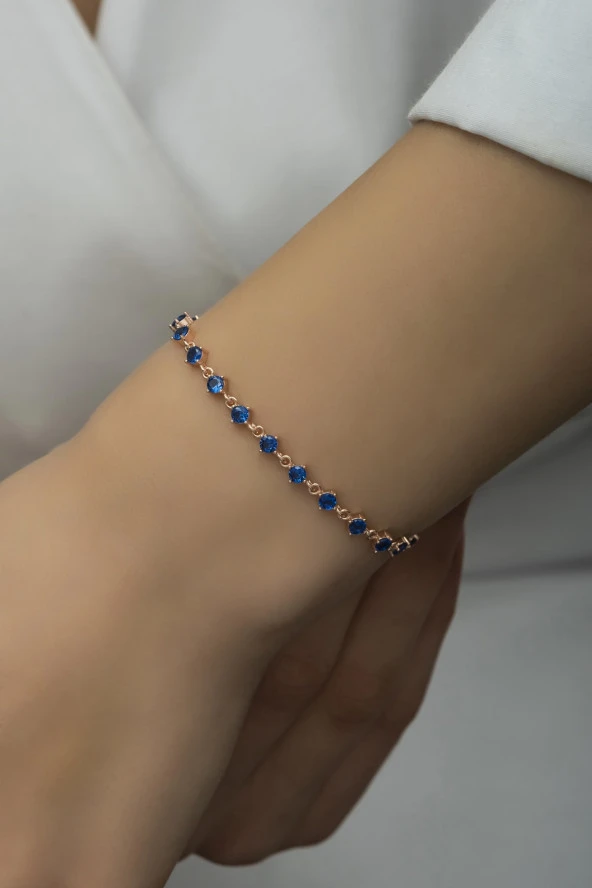 925 Ayar Gümüş Rose Sıralı 3 mm Mavi Taşlı Bileklik - 1