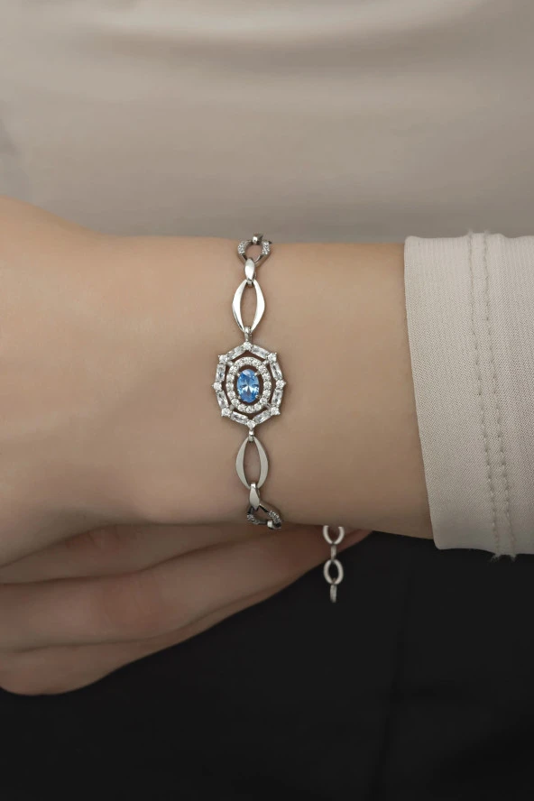 925 Ayar Gümüş Rodyumlu Hallow Model Aquamarin Taşlı Bileklik