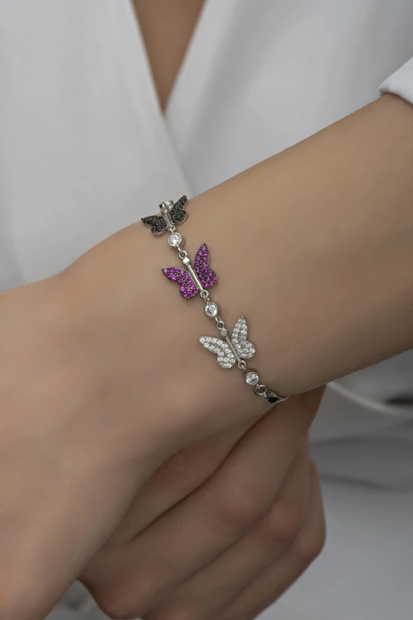 925 Ayar Gümüş Rodyumlu 3'Lü Kelebek Bileklik ürün görseli