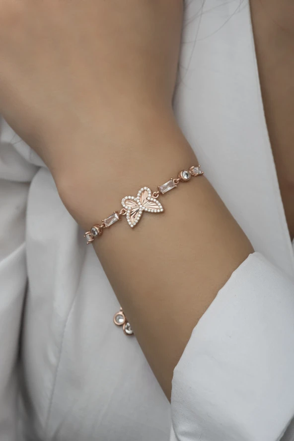 925 Ayar Gümüş Asansörlü Baget Taşlı Rose Kelebek Bileklik ürün görseli