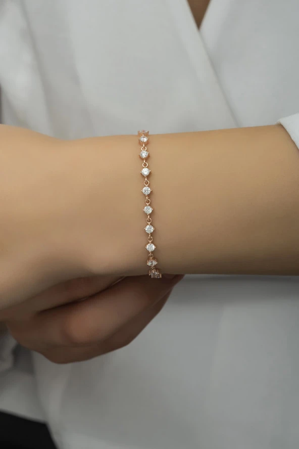 925 Ayar Gümüş Rose Sıralı 3 mm Beyaz Taşlı Bileklik - 2
