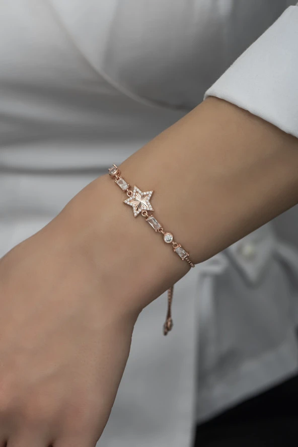 925 Ayar Gümüş Asansörlü Baget Taşlı Rose Yıldız Bileklik - Resim 2