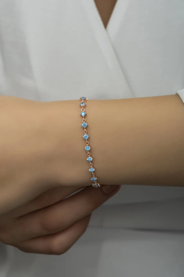 925 Ayar Gümüş Rose Sıralı 3 mm Aquamarin Taşlı Bileklik - 1